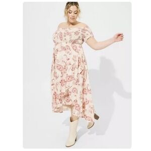 Torrid Ivory Pink Paisley Maxi Ruffle Challis Off Shoulder Tulip Hem‎ Dress 2X